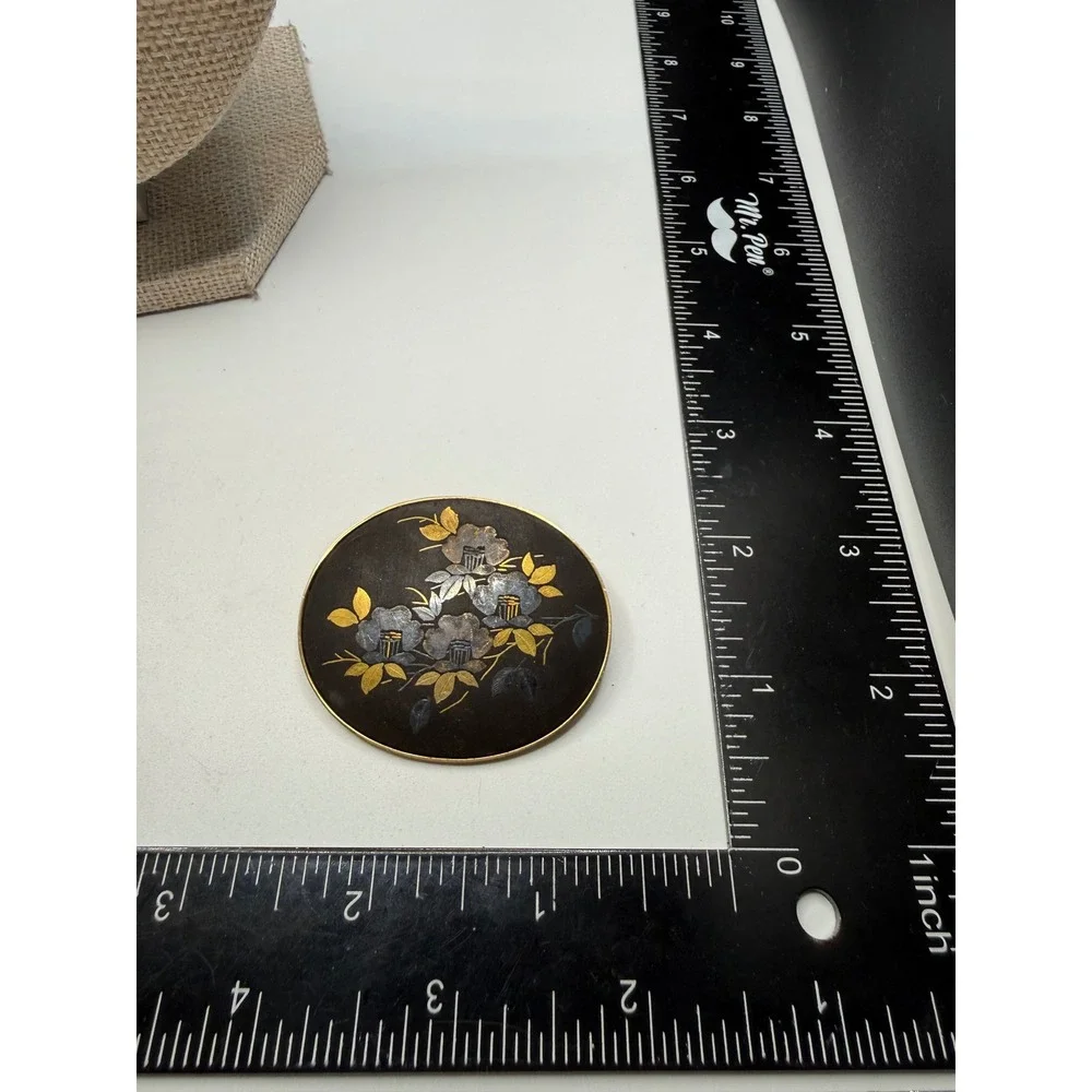 Vintage Amita‎ Japanese Damascene Floral Brooch Pendant Gold Silver Inlay Oval